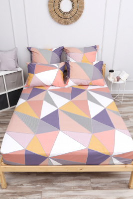 Простыня на резинке поплин Геометрия рыжий,беж